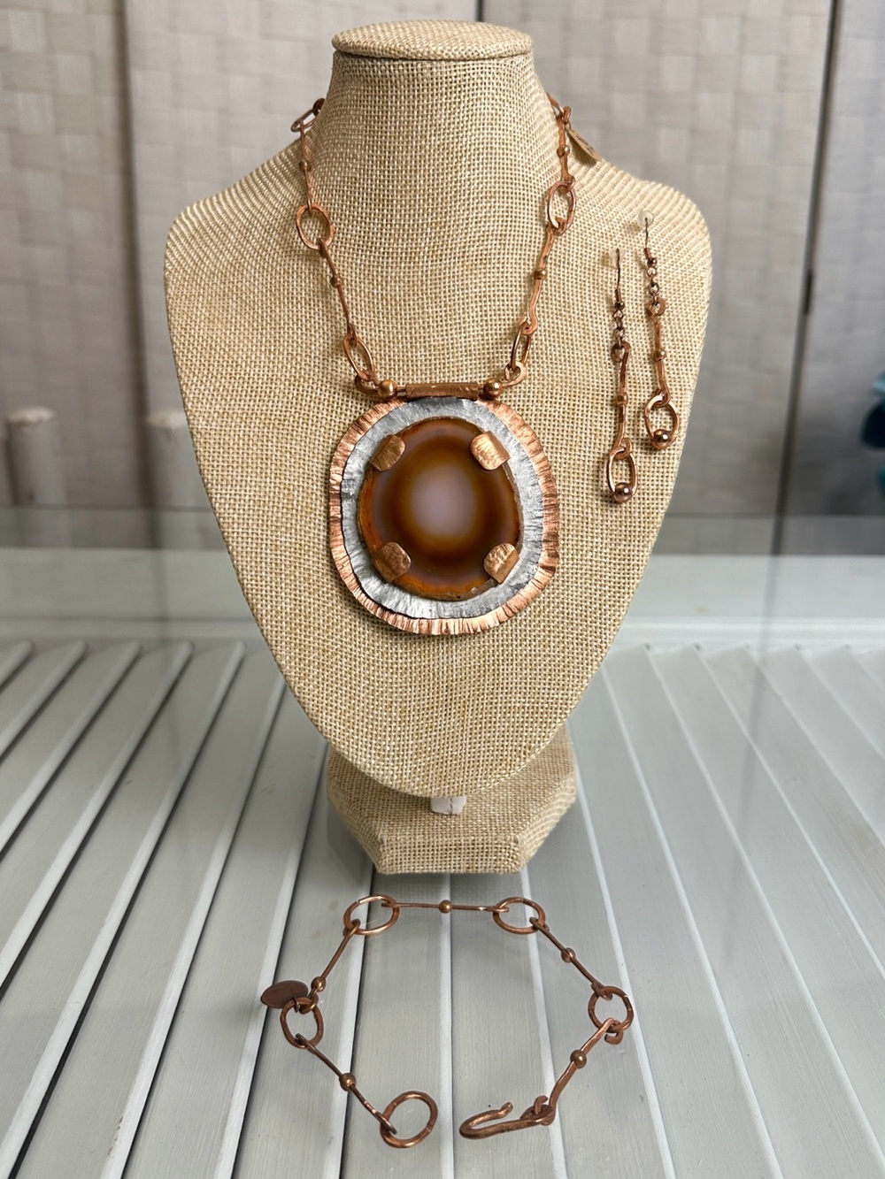 Hammered Copper w/ Agate Statement Necklace and Earring Set Including Bracelet